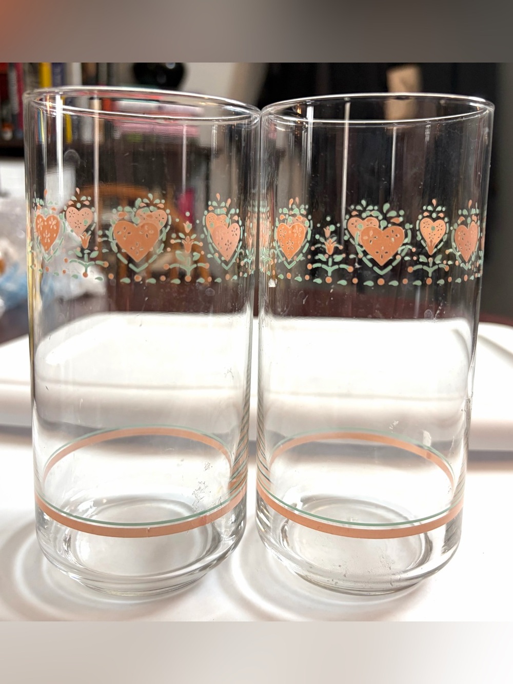 Vintage Libbey Corelle Forever Yours Pink Hearts 16 Oz. Tumbler Glass Pair